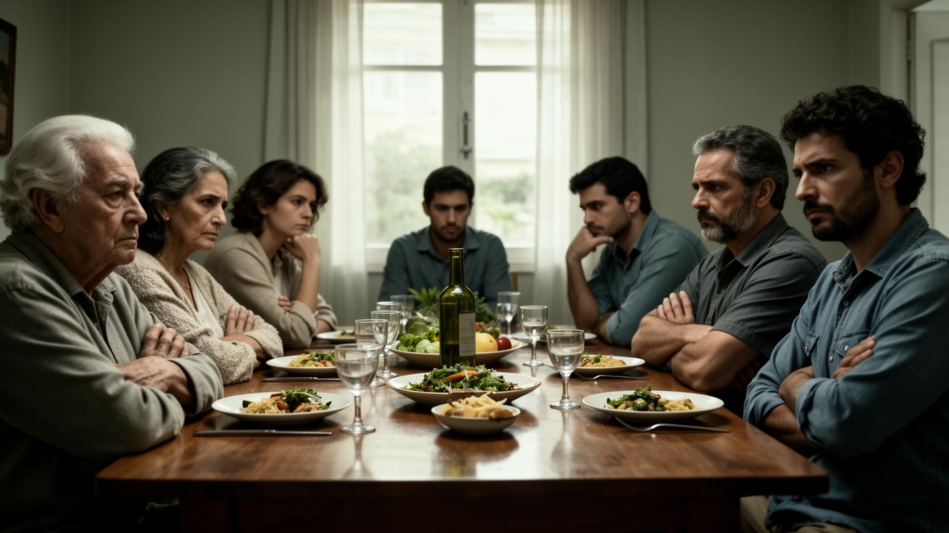 Família tensa em discussão política durante refeição